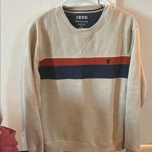 IZOD Men's Beige Sweater with Navy and Red Stripes